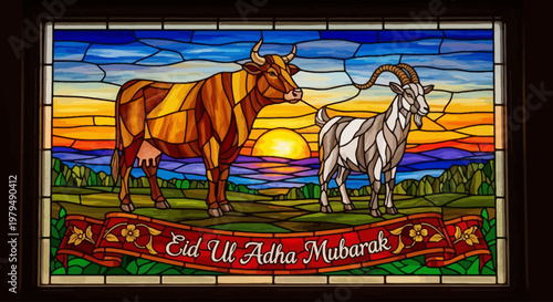 Eid Ul Adha Mubarak stained glass art with cow and goat at sunset