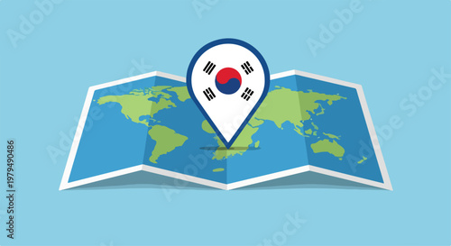 Open world map with a location marker indicating South Korea on a blue background, representing travel or navigation