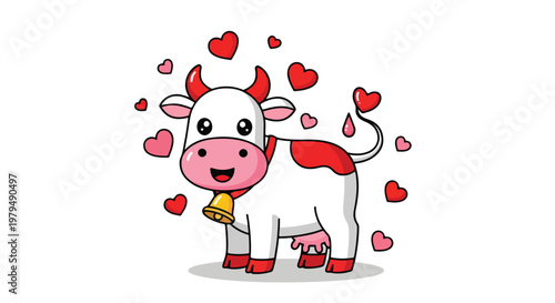 Cute cartoon cow character with a bell around its neck surrounded by floating hearts, expressing love and affection