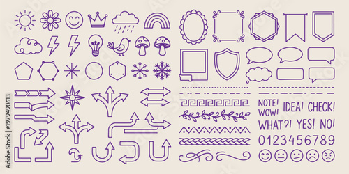 Hand drawn frame borders and dividers set, minimalist decorative line art frame icons, creative flourish and ornament border doodles, artistic blank label and badge design elements, sketchy page divid