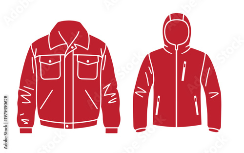 Red jacket front views, with and without hood jacket clothing fashion apparel hooded jacket