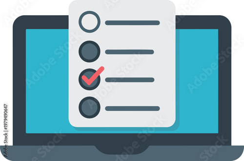 Minimalist flat design vector illustration of a laptop with a digital checklist on the screen representing online surveys remote project management and software task tracking
