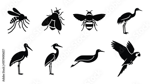 A collection of monochrome silhouettes depicts various flying insects and birds including bees wasps cranes and a parrot high quality professional