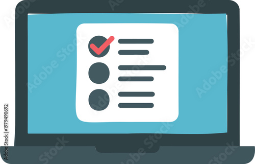 Minimalist flat design vector illustration of a laptop with a digital checklist on the screen representing online surveys remote project management and software task tracking