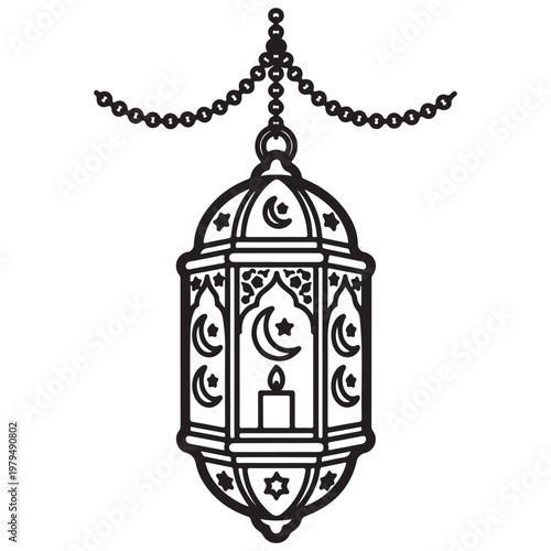 Traditional Ramadan lantern hanging on a chain vector illustration with crescent moon and star motifs for Islamic holiday