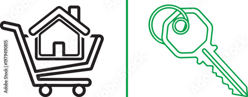 Real estate icons set featuring house in shopping cart and house key vector illustration for property buying and home ownership concepts