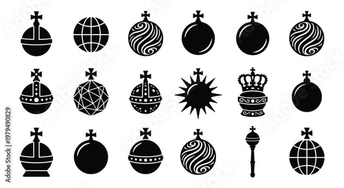 Royal globus cruciger icons set, 18 black vector imperial orb and scepter silhouettes, monarch regalia symbols for heraldry and history design
