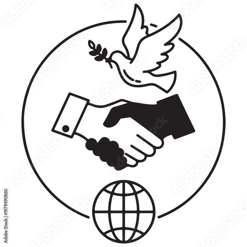 Global Peace and Unity Vector Illustration with Handshake Dove Carrying Olive Branch and World Globe Icon