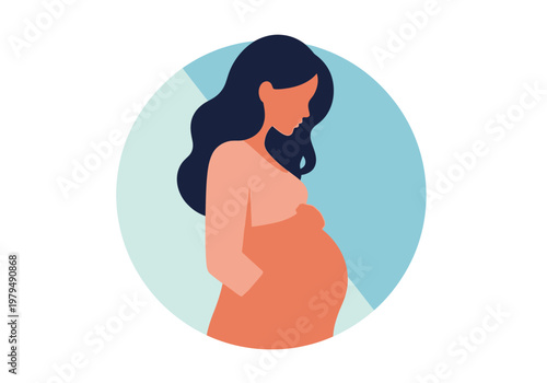 Minimalist Flat Vector Illustration of a Pregnant Woman Profile, Expectant Mother Holding Her Belly, Pregnancy and Maternity Care Concept
