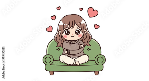 Cute cartoon girl sitting on a green sofa surrounded by floating pink hearts expressing love and affection