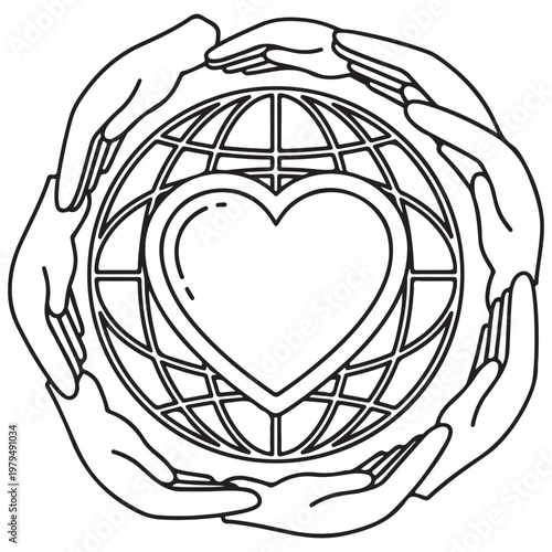 Global unity line art illustration of hands circling the earth with a heart symbol for humanitarian and environmental concepts