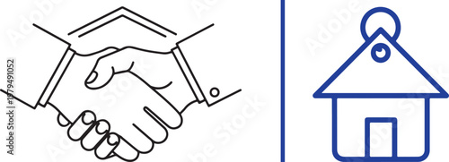 Real estate deal vector illustration featuring a handshake and house icon for property sales and mortgage agreements