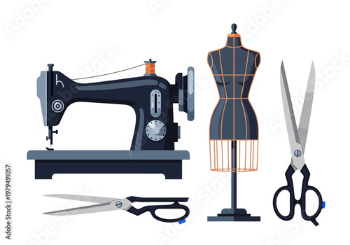 Vintage Sewing Machine, Dressmaker Mannequin and Scissors Vector Illustration Set. Professional Tailoring Tools for Fashion Design and DIY Needlework Projects