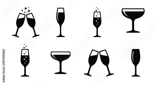 Champagne glass icons set, black sparkling wine flute and coupe silhouettes, 8 vector elements for celebration and wedding events