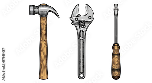 Set of three hand tools including a hammer an adjustable wrench and a screwdriver for home repair and maintenance