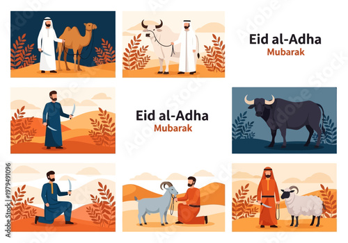 Eid al-Adha Mubarak Vector Illustration Set with Muslim Men and Sacrificial Animals including Camel, Sheep, Goat, Cow, and Buffalo for Qurbani Festival and Islamic Celebration.