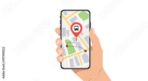 Close-up of a hand holding a smartphone displaying a detailed GPS navigation map with a red location pin and colorful