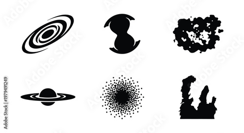 Minimalist space icons set, black silhouette galaxy and planet vector elements, celestial nebula and star cluster symbols for science infographics