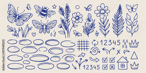 Hand drawn nature garden elements, organic floral botanical line art, summer insect and plant icons, rustic meadow wildflower sketches, eco friendly environment doodles, minimalist outdoor spring aest