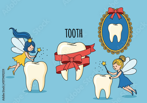 Cute Tooth Fairy Cartoon Collection with Healthy Teeth, Magic Wands, and Red Ribbons; Pediatric Dental Care Concept Illustration