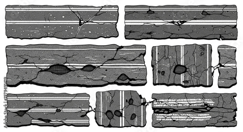 Damaged Asphalt Road Sections with White Lines and Cracks.