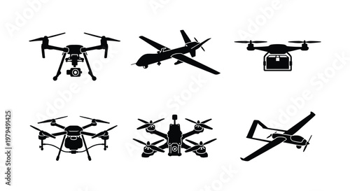 Unmanned aerial vehicle drone silhouettes set, 6 black vector icons of quadcopters and fixed-wing aircraft, military and commercial UAV technology