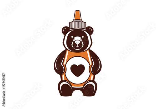 Honey Bear Squeeze Bottle Vector Illustration with Heart Symbol - Minimalist Icon for Natural Sweetener and Food Packaging