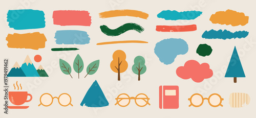 Abstract paint brush strokes, colorful artistic vector set, creative texture stroke graphics, messy paint smear elements, modern art brush shapes, vibrant color splash icons, design background texture