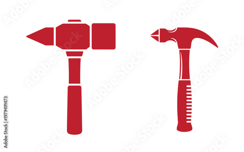 Red of sledgehammer and claw hammer on white background, red tools construction building