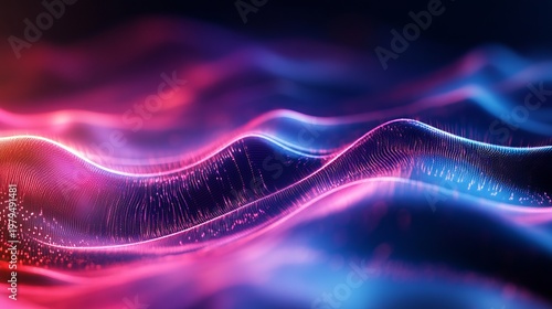 A vibrant digital illustration of glowing neon waves in shades of pink and blue