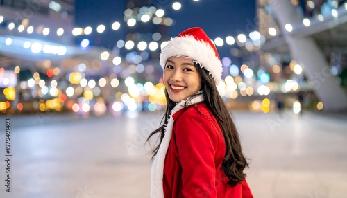 Joyful Woman in Santa Hat Smiling at Camera During Christmas.