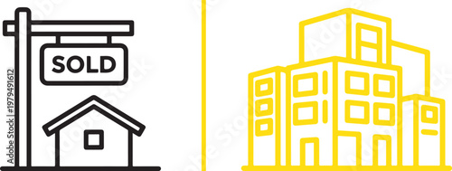 Real estate vector icon set featuring a sold sign with a house and a yellow apartment building for property sales and urban development