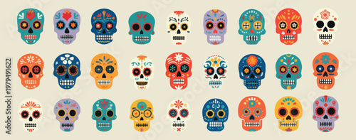 Sugar skulls vector set, Day of the Dead illustrations, Mexican culture Calavera graphics, colorful festive skull icons, Dia de los Muertos decor elements, traditional holiday floral skulls, ethnic fo
