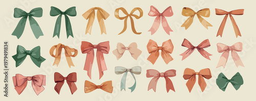 Elegant ribbon bows set, gift wrap vector illustrations, decorative satin bow graphics, festive ornament knot icons, fashion accessory design elements, colorful silk ribbon collection, celebratory wed