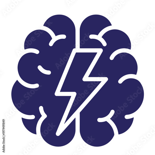 Dark blue silhouette of a human brain with a central white lightning bolt cutout, representing brainstorming, intelligence, and electric ideas