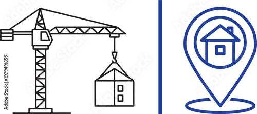 Construction crane lifting modular house unit and real estate location pin vector illustration for property development concept
