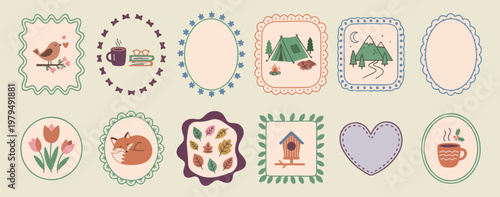 Outdoor camping adventure frames, nature landscape vector badges, forest mountain travel icons, wild camping equipment graphics, tent and campfire border elements, exploring wilderness sticker set, ru