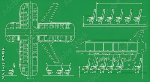 Landscape Airplane Blueprint Vector – Long Passenger Aircraft Interior Seating Layout Multiview Technical Drawing White Outline on Green