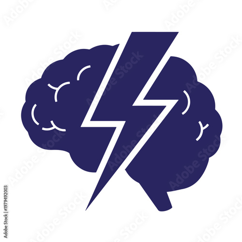 Dark blue silhouette of a human brain with a white lightning bolt shape cut out from the center, representing a flash of insight, mental energy, or a sudden idea