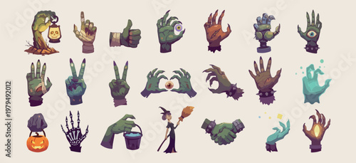 Halloween spooky hand elements, zombie hands vector set, creepy festive holiday graphics, witch broom and potion icons, scary monster hand illustrations, dark aesthetic autumn decor, mystic magic spel