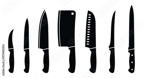 Professional kitchen knife set silhouette, collection of 7 culinary chef knives, black steel blade icons for restaurant menu and cooking design