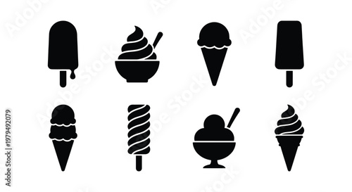 Minimalist ice cream icons set, black silhouette frozen dessert collection, 8 vector elements of popsicles and sundae cones for menu design