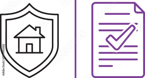 Home insurance and property protection icons with approved contract document flat design vector illustration