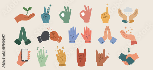 Human hand gestures collection, various finger signs icon set, palm signals vector illustration, communication body language symbols, flat vector hand shapes, pointing and peace sign graphics, diverse