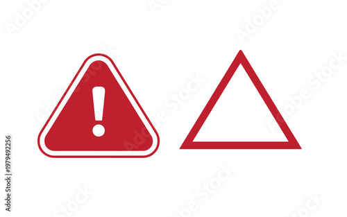 Red warning signs, triangle symbols with and without exclamation mark red color alert symbols