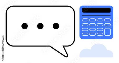 Communication, cloud storage, analytics, digital tools, technology, online collaboration. Speech bubble with dots, calculator icon and cloud symbol. Communication and cloud storage concepts