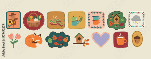 Kitchen cooking and baking icons, cozy home food illustrations, coffee and tea pot graphics, birdhouse and heart elements, domestic kitchen tool symbols, heart shape baking icons, culinary hobby vecto
