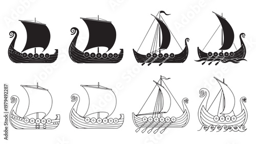Sailboat icon set with vintage Viking longship designs and detailed hull ornaments in black and white