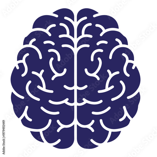 Dark blue silhouette of a human brain, view, showing symmetrical cerebral hemispheres with stylized white grooves and sulci patterns on a plain white background
