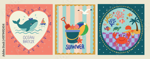 Summer beach fun bucket, sand toy vector illustrations, seaside vacation holiday graphics, tropical beach ball icons, ocean travel activity elements, kid summer play symbols, coastal recreation vector